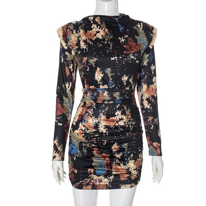 Long sleeve ruched tie dye print crewneck mini dress