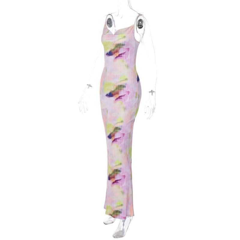 Backless cowl neck v neck contrast print cami maxi dress-final-sale