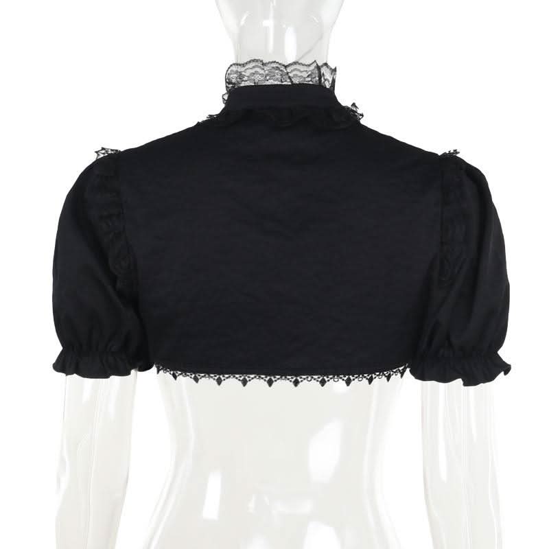 Puff sleeve lace hem button shrug top
