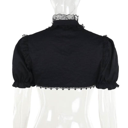 Puff sleeve lace hem button shrug top