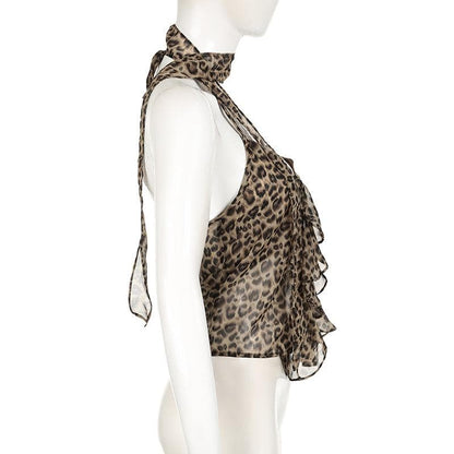 Halter leopard print ruffle chiffon top