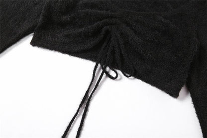 Textured zip-up drawstring hollow out halter long sleeve 2 piece cut out mini dress