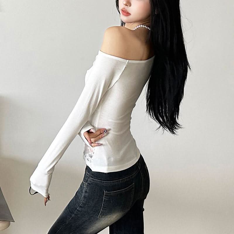 Off shoulder long sleeve lace patchwork top
