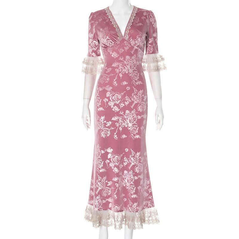 Lace hem v neck flower print velvet maxi dress