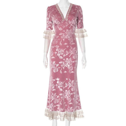 Lace hem v neck flower print velvet maxi dress