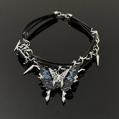 Black butterfly pendant rivet choker necklace