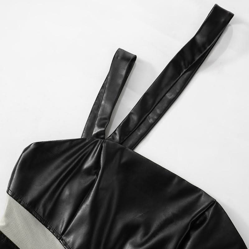 Irregular PU leather mesh zip-up mini dress