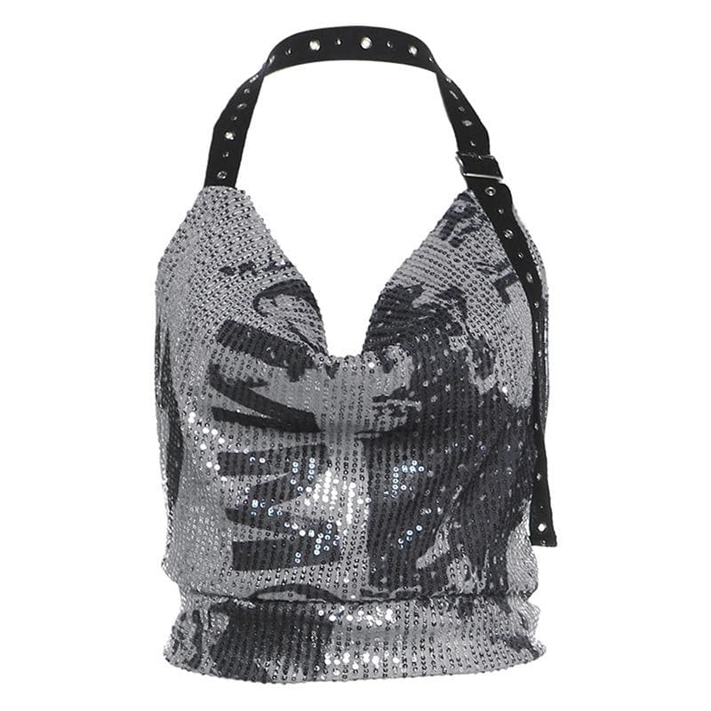 Halter cowl neck glitter buckle print top