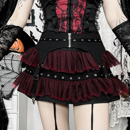 Mesh garter belt ruffle zip-up mini skirt