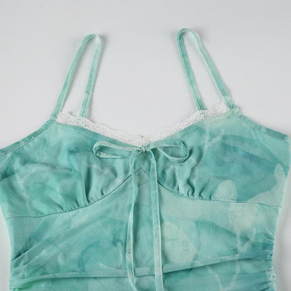 Lace hem print mesh knotted ruched cami maxi dress