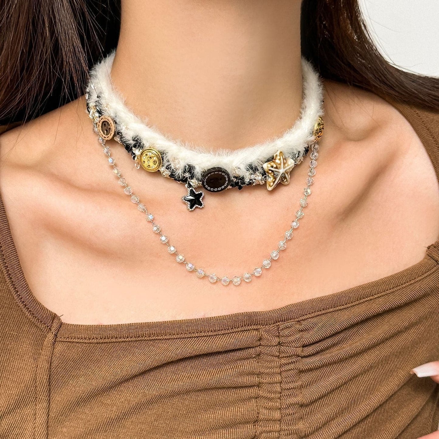 Layered fluffy star decor choker necklace