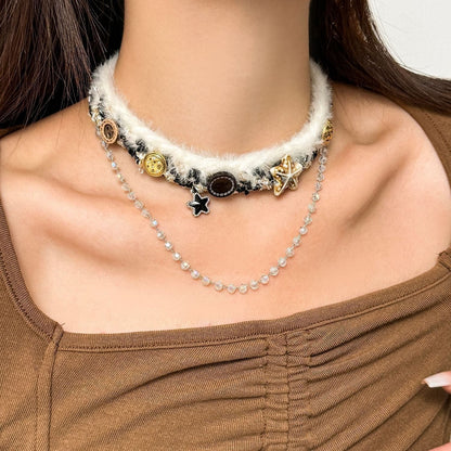 Layered fluffy star decor choker necklace