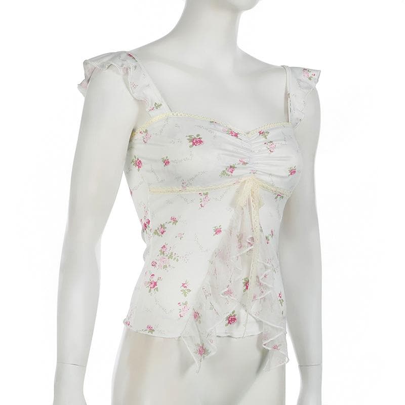 Lace hem bowknot ruched flower print cami top