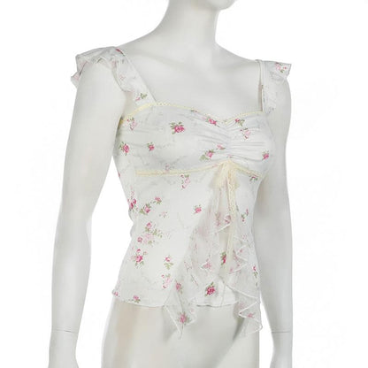 Lace hem bowknot ruched flower print cami top