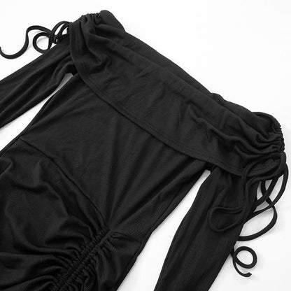 Flared sleeve off shoulder slit ruched self tie midi dress