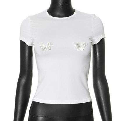 Short sleeve butterfly embroidery crop top