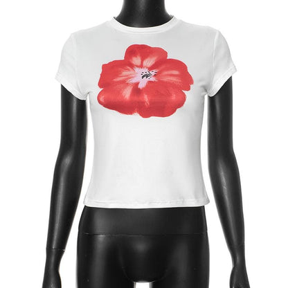 Crew neck short sleeve flower print top
