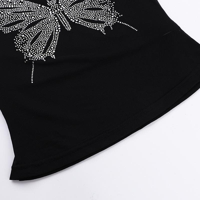 Short sleeve high neck butterfly beaded top