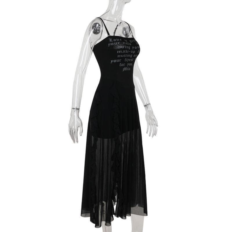 Mesh slit letter print ruffle cami maxi dress
