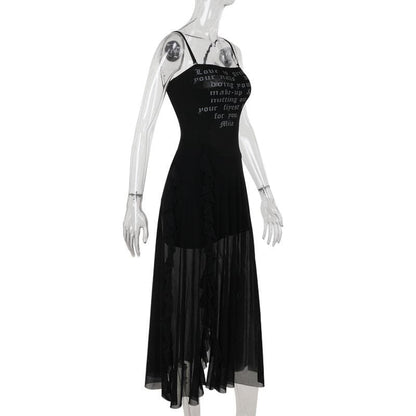 Mesh slit letter print ruffle cami maxi dress