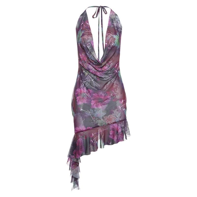 Halter cowl neck beaded sheer mesh print mini dress