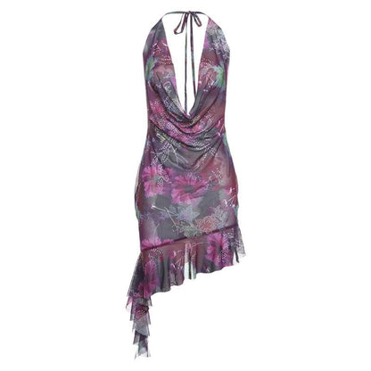 Halter cowl neck beaded sheer mesh print mini dress