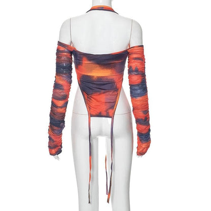 Halter long sleeve off shoulder zip-up ruched top