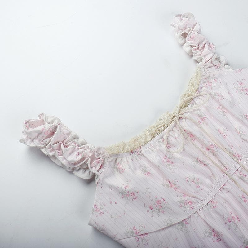 Flower print contrast sleeveless lace hem ruched top