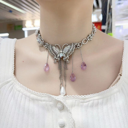 Purple crystal 2 pcs butterfly decor choker necklace