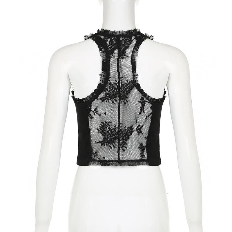 U neck lace ruffle hollow out tank cut out top
