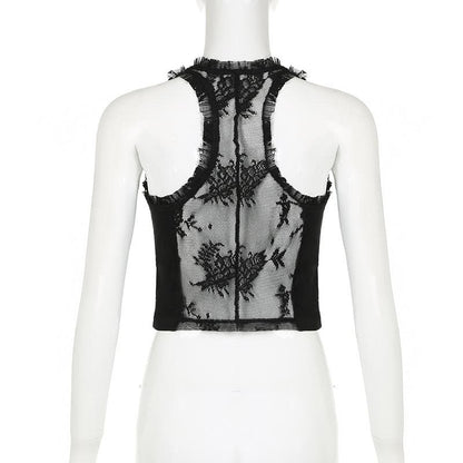 U neck lace ruffle hollow out tank cut out top