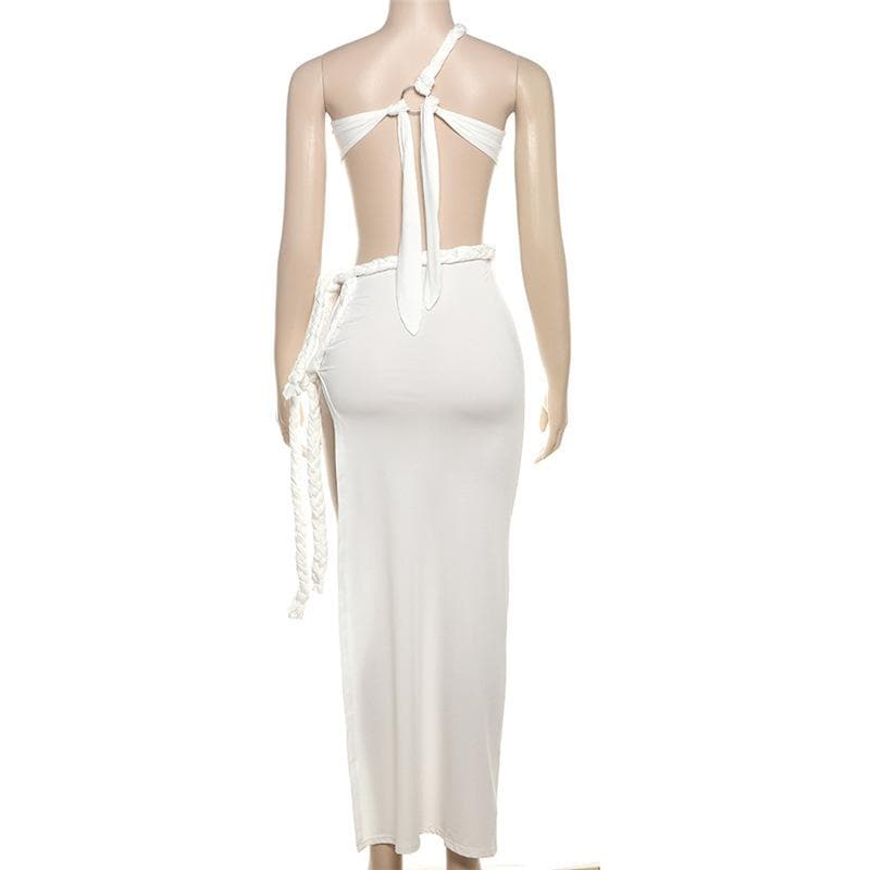 Irregular one shoulder high slit o ring self tie maxi dress