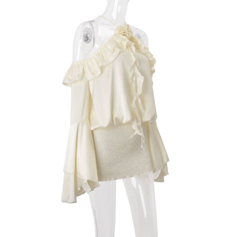 Flared sleeve halter backless ruffle drawstring mini dress