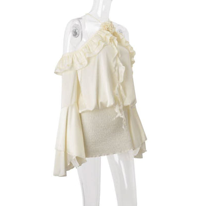 Flared sleeve halter backless ruffle drawstring mini dress