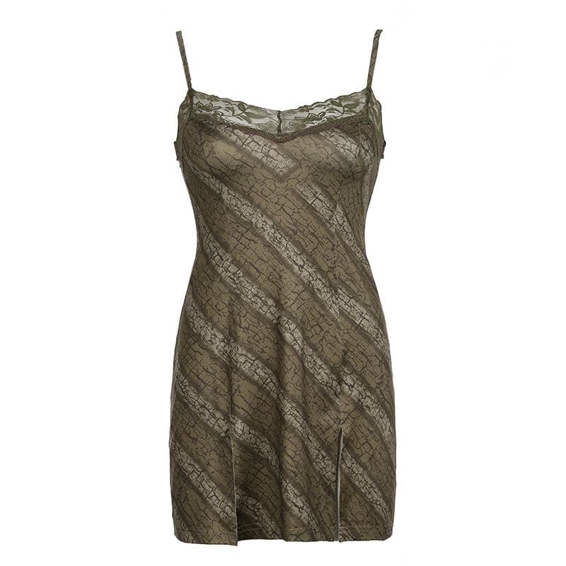 Print lace hem slit cami mini dress