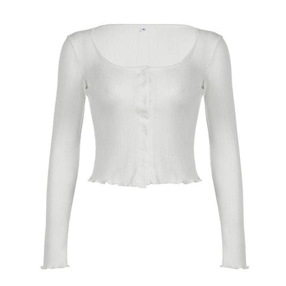 Long sleeve u neck button textured top