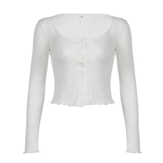 Long sleeve u neck button textured top