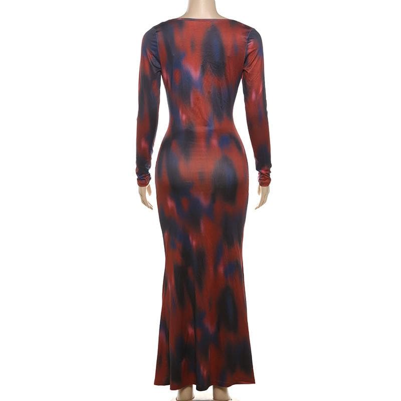 Long sleeve print v neck lace hem contrast maxi skirt set-final-sale
