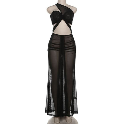 One shoulder mesh hollow out cut out maxi dress