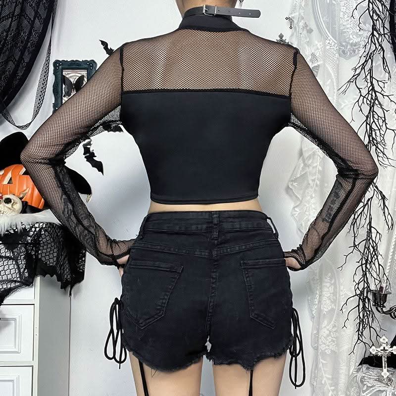 Crewneck long sleeve demon embroidery fishnet patchwork top