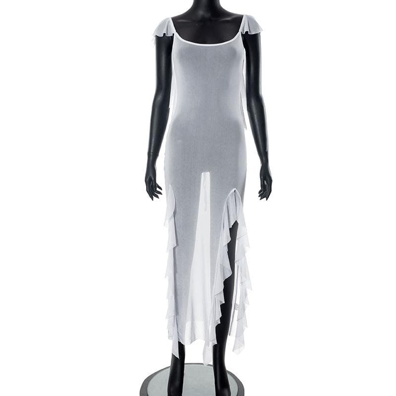 Sheer mesh see through backless ruffle slit cap sleeve maxi dress