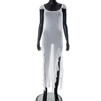 Sheer mesh see through backless ruffle slit cap sleeve maxi dress