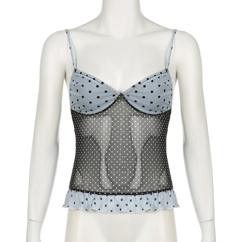 Ruffle polka dot mesh low cut contrast cami top