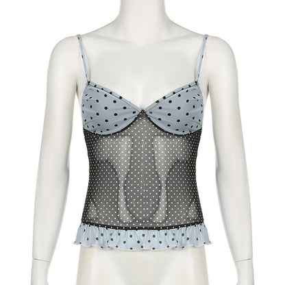 Ruffle polka dot mesh low cut contrast cami top