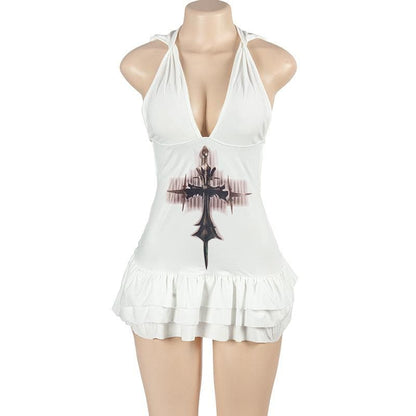 V neck hoodie ruched cross print mini dress