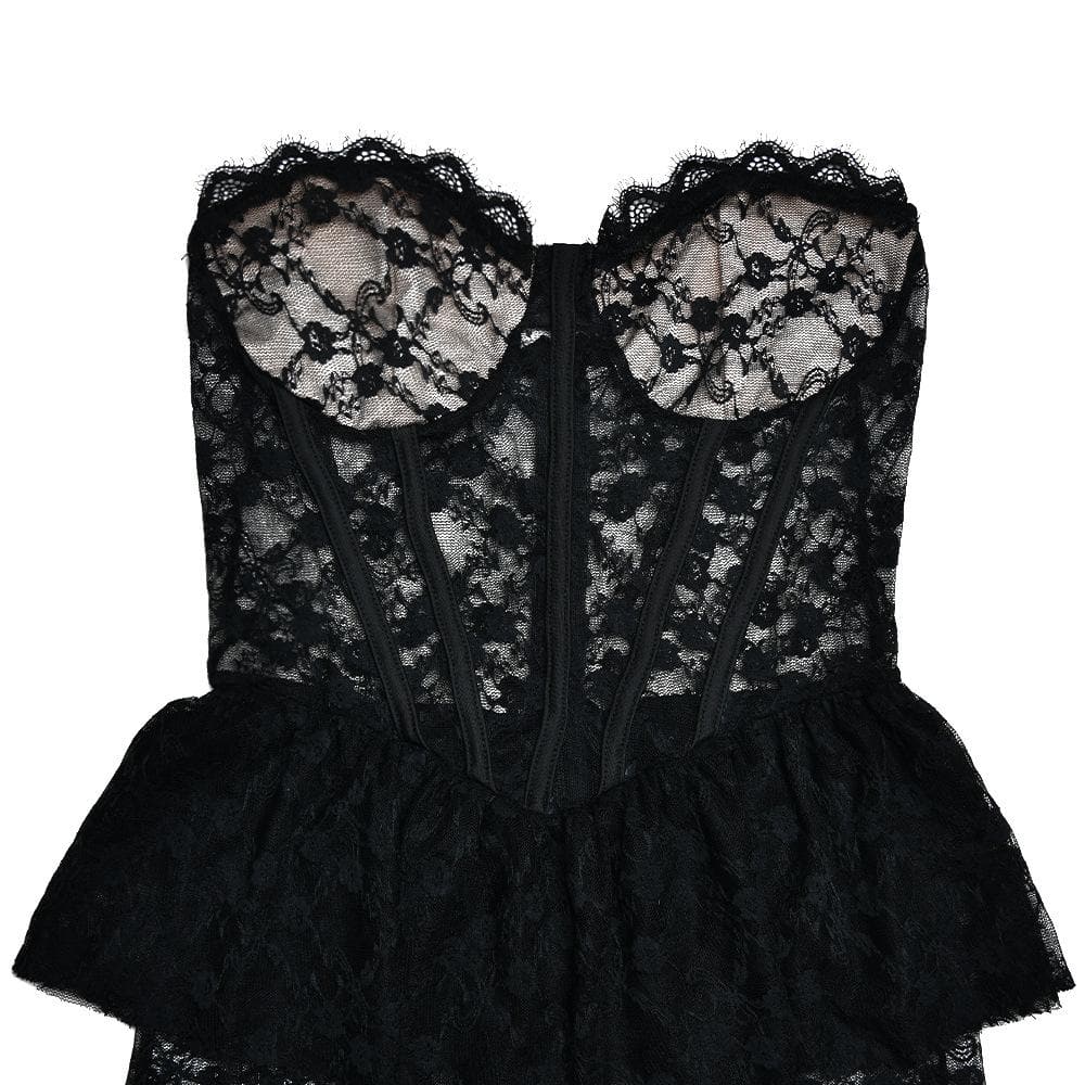 Sweetheart neck lace see through bustier ruched tube maxi dress