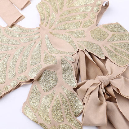 Butterfly pattern halter metallic self tie backless crop top