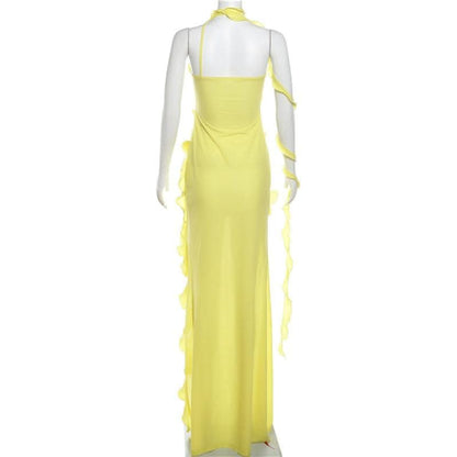 One shoulder ruffle irregular high slit maxi dress-final-sale