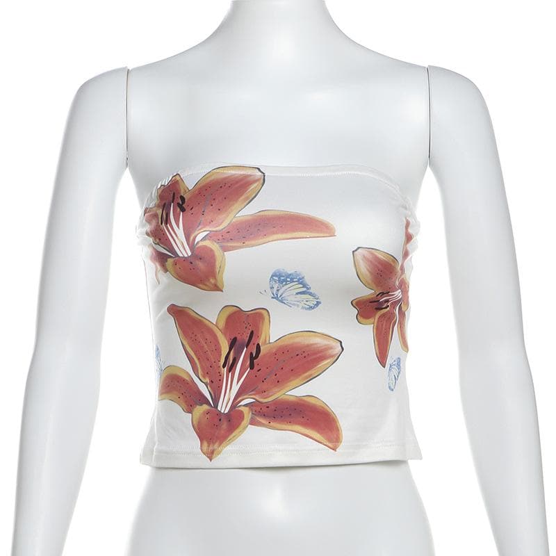 Flower butterfly print backless tube top