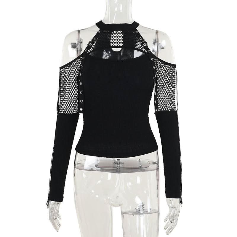Off shoulder long sleeve fishnet patchwork buckle top